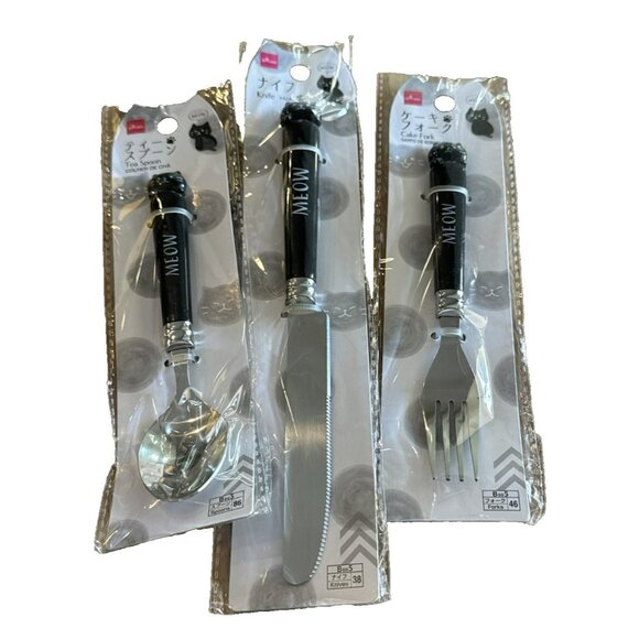 Daiso MEOW Kitchen Set of 3 Tea Spoon, Cake Fork, Knife CAT - Picture 1 of 3